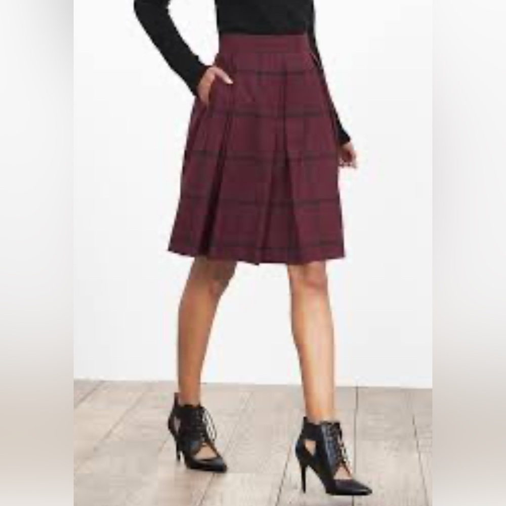 BANANA REPUBLIC Maroon Wine Box Pleat Plaid Midi Skirt Sz 8